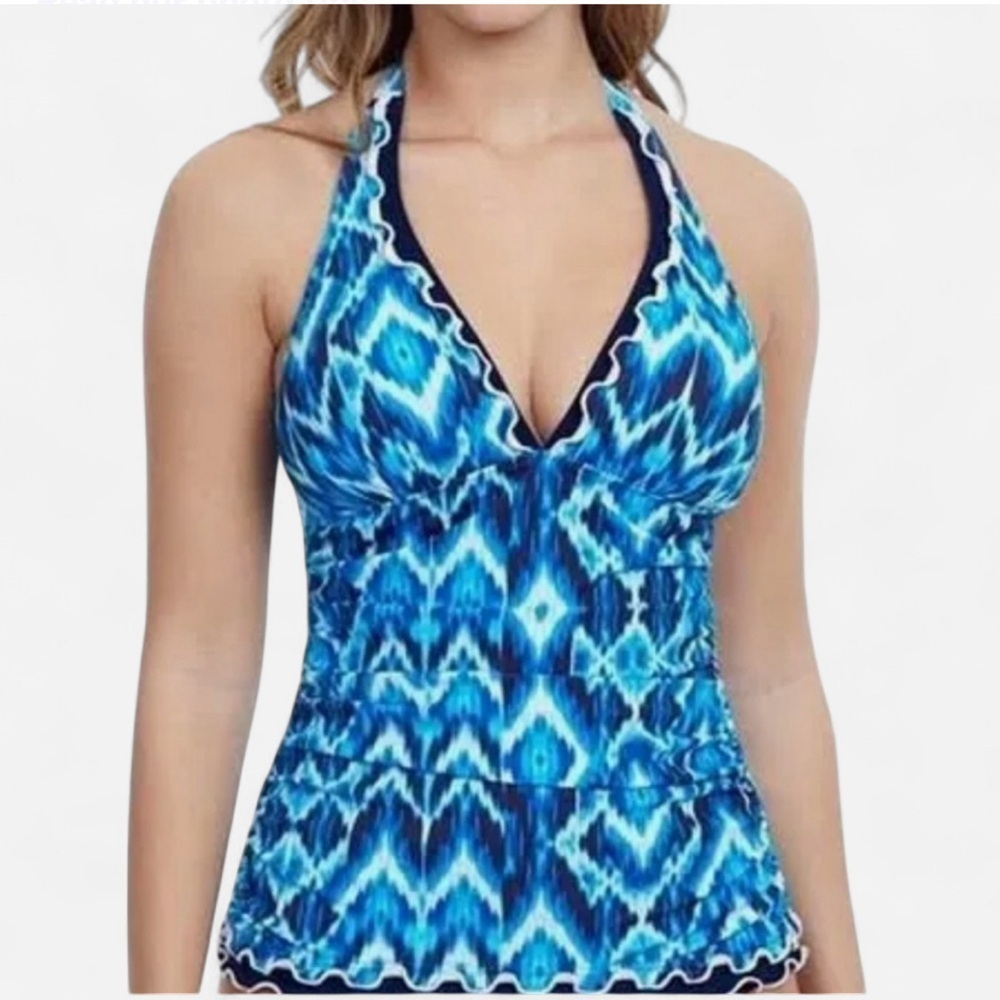 Gottex Blue Patterned Tankini Swimsuit Top Size 12 NWT